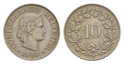 Швейцария 10 раппенов 1930 B KM 27 медно-никель 4609-414