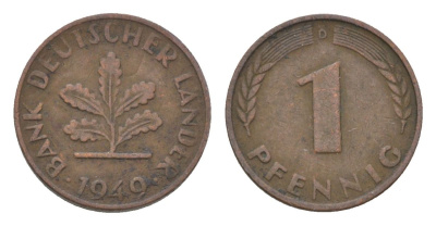 ФРГ 1 пфенниг 1949 D KM A101 сталь плакированная бронзой 4625-1131