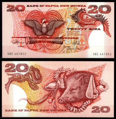 Папуа-Новая Гвинея 20 кина (1989-1992) Pick 10 a 451-1119-3 бумага UNC (пресс) 7215-10-3-2