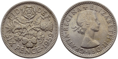 Великобритания 6 пенсов 1959 Елизавета II (1952-2022) KM 903, Spink 4149 медно-никель 75-1034