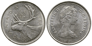 КАНАДА 25 ЦЕНТОВ 1984 ОЛЕНЬ, ЕЛИЗАВЕТА II KM 74 никель 4364-2051