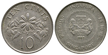 Сингапур 10 центов 1987 KM 51 медно-никель 220-447