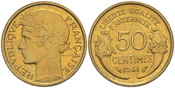 ФРАНЦИЯ 50 САНТИМОВ 1941 ТИП MORLON KM 894.1, LE FRANC 192.18 алюминиевая бронза 44-422