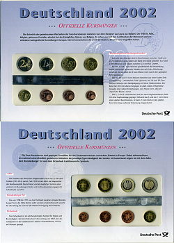 ГЕРМАНИЯ ЕВРОНАБОР ИЗ 8 МОНЕТ 2002 1, 2, 5, 10, 20, 50 ЕВРОЦЕНТОВ, 1, 2 ЕВРО, A, В ОРИГИНАЛЬНОМ БУКЛЕТЕ, ПЛЮС КОМПЛЕКТ МАРОК PROOF 06-081-27