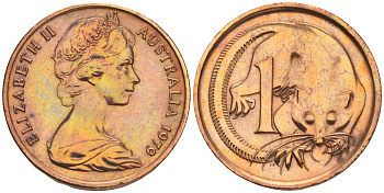 АВСТРАЛИЯ 1 ЦЕНТ 1979 ЕЛИЗАВЕТА II, МОЛОДОЙ ПОРТРЕТ, ОПОССУМ KM 62 бронза 192-116