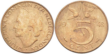 НИДЕРЛАНДЫ 5 ЦЕНТОВ 1948 ВИЛЬГЕЛЬМИНА (1890-1948) KM 176 бронза 212-1024