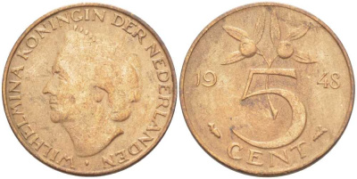 НИДЕРЛАНДЫ 5 ЦЕНТОВ 1948 ВИЛЬГЕЛЬМИНА (1890-1948) KM 176 бронза 212-1024