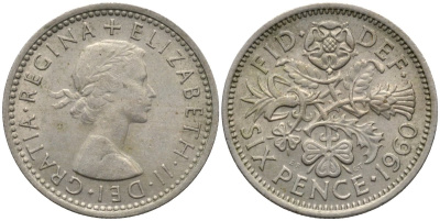 Великобритания 6 пенсов 1960 Елизавета II (1952-2022) KM 903, Spink 4149 медно-никель 4567-715