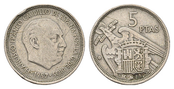 Испания 5 песет 1957 (58) Франсиско Франко (1939-1975) KM 786 медно-никель 4707-325