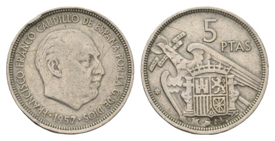 Испания 5 песет 1957 (58) Франсиско Франко (1939-1975) KM 786 медно-никель 4707-325