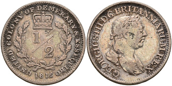 Эссекибо и Демерари 1/2 гульдена 1816 Георг III (1760-1820) KM 12 серебро 633-511