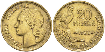 Франция 20 франков 1950 ПОЛНАЯ подпись, петух, 3 ПЕРА KM 916.1, Le Frank 401.1 алюминиевая бронза 4519-537