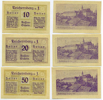 Австрия, Райхерсберг набор из 3 банкнот 10, 20, 50 геллеров 1920 24 мая 1920 - 31 декабря 1920, нотгельд, ярмарочная община в земле Верхняя Австрия   бумага  UNC (пресс) 7555-27-1-2