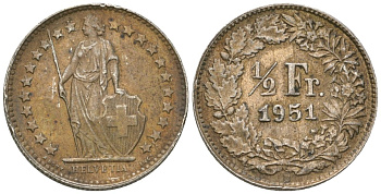 Швейцария 1/2 франка 1951 B KM 23 серебро 4615-1014