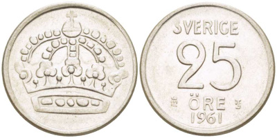 Швеция 25 эре 1961 TS, Густав VI Адольф (1950-1973) KM 824 серебро 4516-458