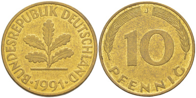 ФРГ 10 ПФЕННИГОВ 1991 J KM 108, J. 383 сталь плакированная латунью 4182-1011