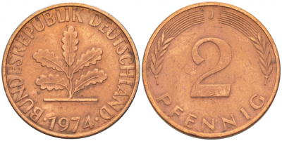 ФРГ 2 ПФЕННИГА 1974 J KM 106a, J.381a сталь плакированная сталь плакированная медьюю 4396-1565