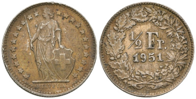 Швейцария 1/2 франка 1951 B KM 23 серебро 4615-1014