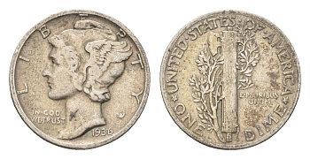США 10 центов (дайм) 1936 KM 140 серебро 4659-1145