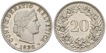 Швейцария 20 раппенов 1926 B KM 29 никель aUNC 4617-514