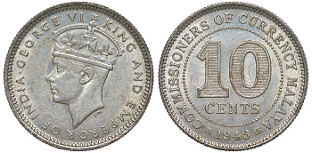 Британская Малайя 10 центов 1943 Георг VI (1937-1952) KM 4a серебро 53-237