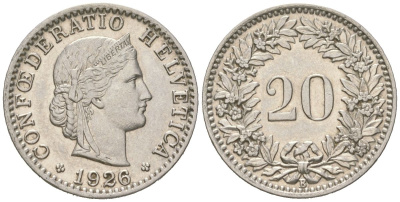 Швейцария 20 раппенов 1926 B KM 29 никель aUNC 4617-514