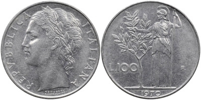 Италия 100 лир 1970 R, Афина в доспехах KM 96.1 нержавеющая сталь 4165-216