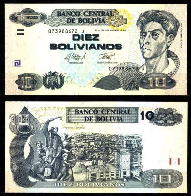 Боливия 10 боливиано 1986 Сесилио Гусман де Рохас, памятник "Heroinas de la Coronilla", Кочабамба Pick 243 (1) бумага UNC (пресс) 7523-37-2-1