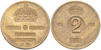 Швеция 2 эре 1958 TS, Густав VI Адольф (1950-1973) КМ 821 бронза 77-511
