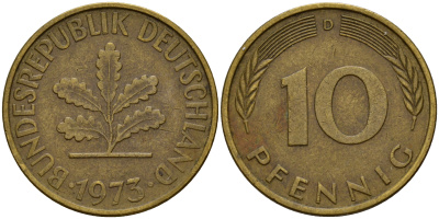 ФРГ 10 пфеннигов 1973 D J. 383, KM 108 сталь плакированная латунью    4603-416