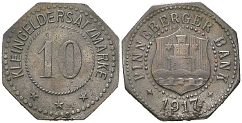 Пиннеберг (Пруссия, Шлезвиг-Гольштейн) 10 пфеннингов 1917 Funck 425.4, Men05 20512.4, Men18 25699.4 железо 4169-1262