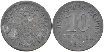 ГЕРМАНИЯ 10 ПФЕННИГОВ 1921 (1917-1922) KM 26, J. 299, Weege 8 цинк 210-236