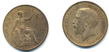 Великобритания 1 пенни 1920 Георг V (1910-1936) KM 810, Spink 4051 бронза 83-544
