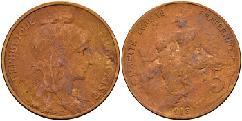 Франция 5 сантимов 1916 тип Дюпюи KM 842 бронза 4116-443