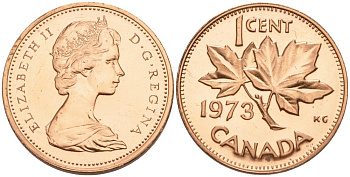 Канада 1 цент 1973 Елизавета II (1952-2022), кленовый лист KM 59.1 бронза UNC 188-135