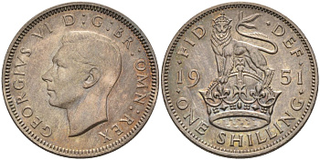 Великобритания 1 шиллинг 1951 Георг VI (1936-1952), Английский герб KM 876, Spink 4108 медно-никель 4592-1134