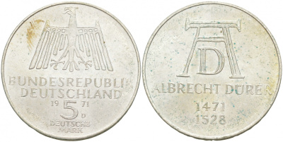 ФРГ 5 марок 1971 D, 500 лет со дня рождения Альбрехта Дюрера KM 129, J. 410 серебро 3855-614