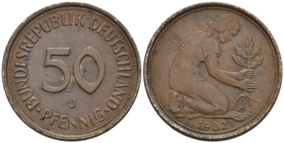 ФРГ 50 ПФЕННИГОВ 1982 J KM 109.2 медно-никель 75-536