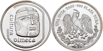 МЕКСИКА 1 УНЦИЯ ND CULTURA OLMECA, ДИАМЕТР 40 ММ., ВЕС 1 ТРОЙСКАЯ УНЦИЯ серебро PROOF 00-00