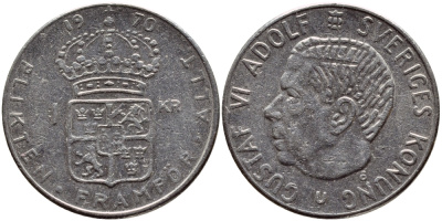 Швеция 1 крона 1970 Густав VI Адольф (1950-1973) KM 826a медь плакированная медно-никелем 4388-1036