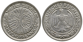 Германия 50 рейхспфеннигов 1928 A KM 49, J. 324 никель 4380-416