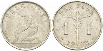 Бельгия 1 франк 1922 Belgique, Альберт I (1910-1934) KM 89 никель 261-447