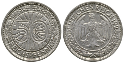 Германия 50 рейхспфеннигов 1928 A KM 49, J. 324 никель 4380-416