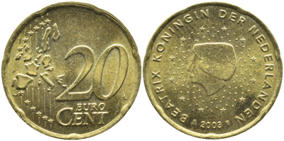 Нидерланды 20 евроцентов 2003 Беатрикс (1980-2013) KM 238 латунь UNC 08-545