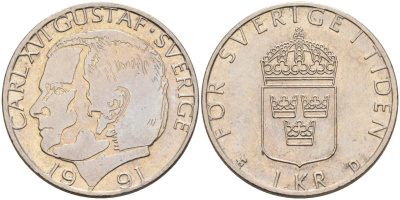 Швеция 1 крона 1991 Карл XVI Густав (1973- ) KM 852а медно-никель 4582-515