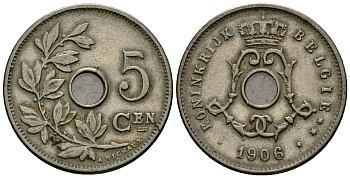 Бельгия 5 сантимов 1906 Belgie, Леопольд II (1865-1909) KM 55 медно-никель 4173-142
