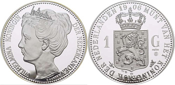 НИДЕРЛАНДЫ МЕДАЛЬ ND 1 ГУЛЬДЕН 1906, ВИЛЬГЕЛЬМИНА, ДИАМЕТР 45 ММ., ВЕС 31,33 ГР. серебро PROOF 00-00