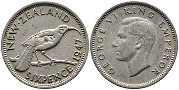 Новая Зеландия 6 пенсов 1947 Георг VI (1936-1952), разноклювая гуйя KM 8 a медно-никель 1515-442