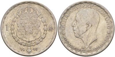 Швеция 1 крона 1944 G, Густав V (1907-1950) KM 814 серебро 4148-1022