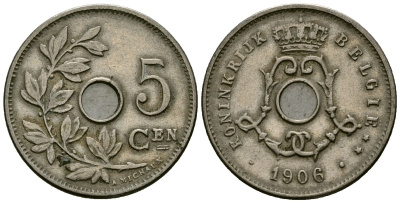Бельгия 5 сантимов 1906 Belgie, Леопольд II (1865-1909) KM 55 медно-никель 4173-142